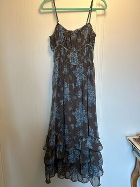 Gray Floral Tiered Maxi Dress with Blue Print